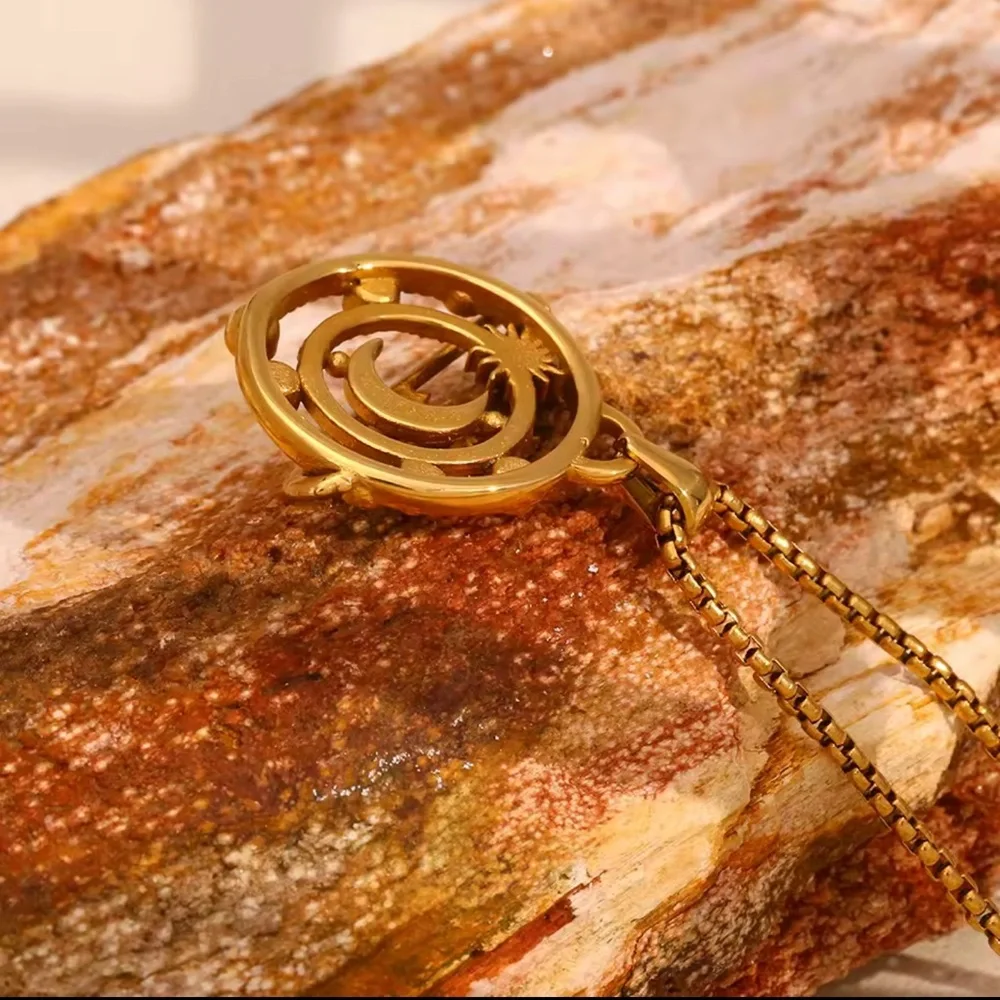 Colorful Rhinestone Moon Star Planet Necklace Stainless Steel 18K Gold Plated - Picture 5 of 8